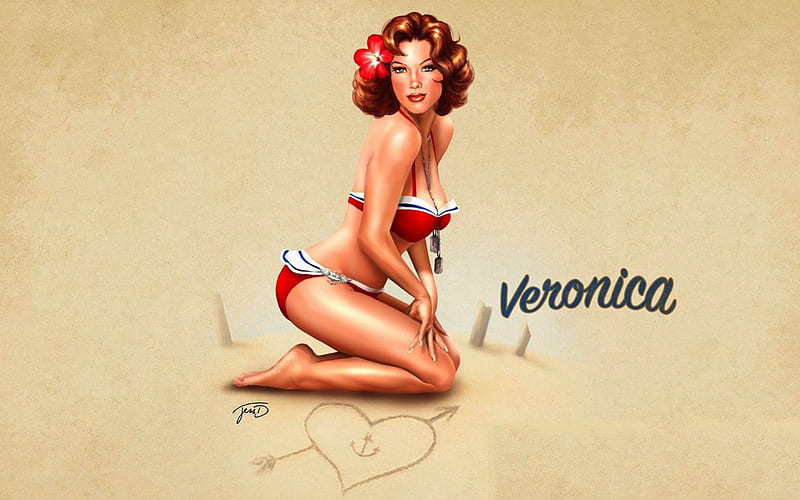 Veronica, dog tags, redhead, flower, pin up, woman, bikini, HD wallpaper