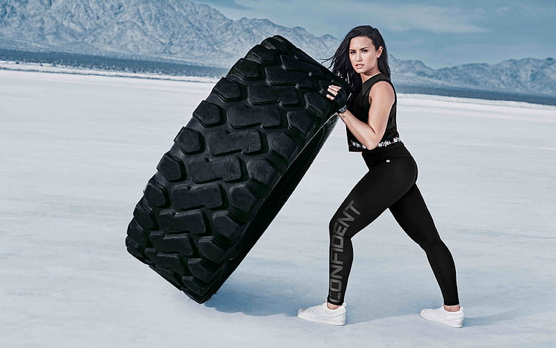 Demi Lovato, lifting tires, workout, American singer, fitness, womens sports uniform, HD wallpaper