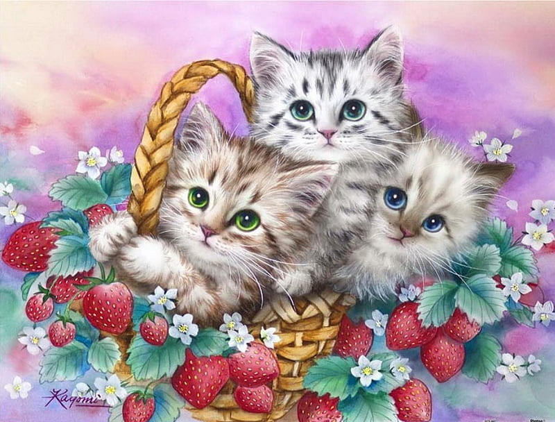 In strawberry basket, pretty, fluffy, fruits, bonito, adorable, sweet, painting, flowers, strawberries, kitties, friends, art, lovely, kittens, fun, spring, joy, cute, summer, garden, cats, HD wallpaper