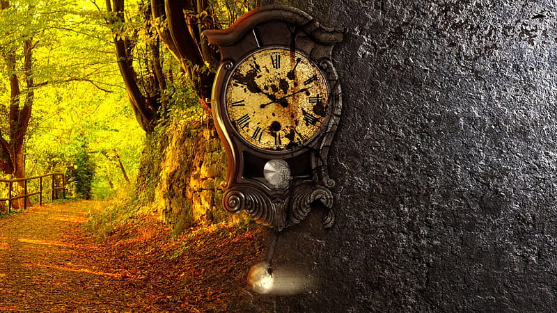 Clock, fall, autumn, time, broken, old, wall, texture, dirty, nature, wood, HD wallpaper