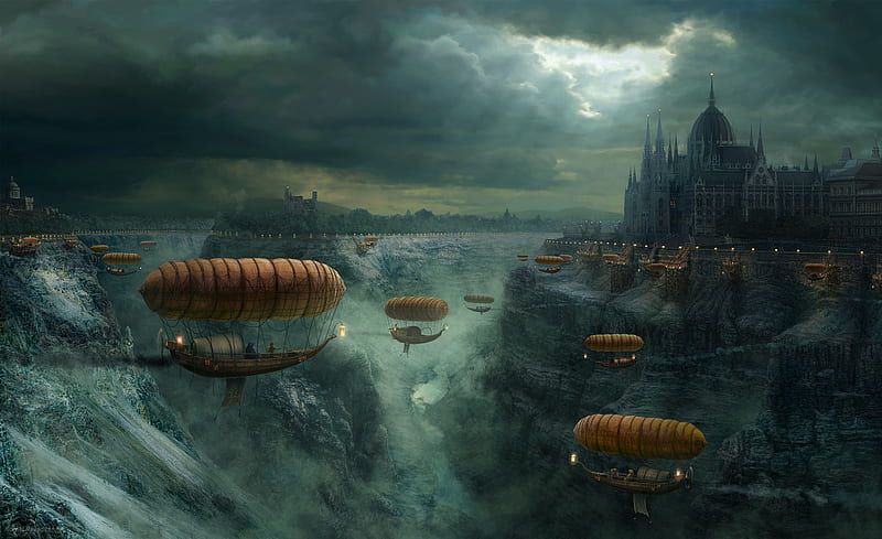 balloon ships, cg, sky, clouds, sea, fly, balloon, fantasy, 3d, water, ship, dark, castle, HD wallpaper