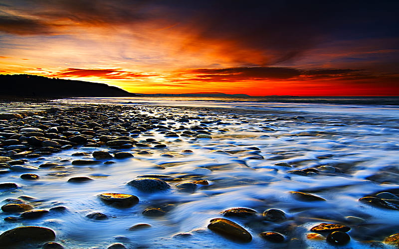 Beach Of Golden Bar, rocks, colorful, sunset, sky, clouds, wave, beach, mountain, ray, HD wallpaper