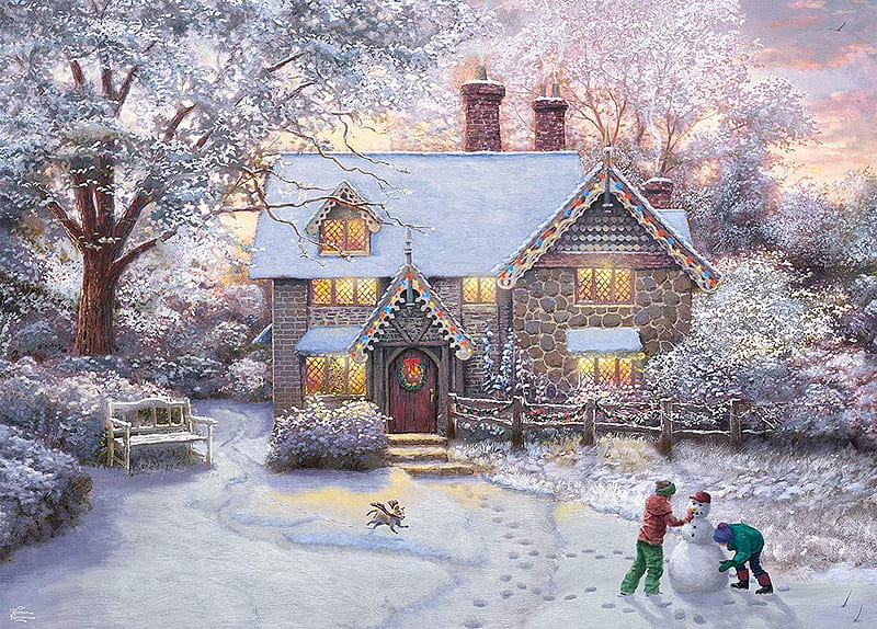 Christmas at Gingerbread Cottage, child, gingerbread cottage, snowman, pictura, art, christmas, thomas kinkade, iarna, winter, snow, painting, copil, HD wallpaper