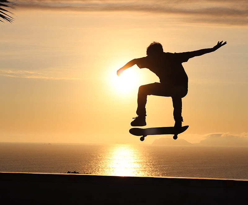 skateboard, skate, skater, trick, silhouette, sunset, HD wallpaper