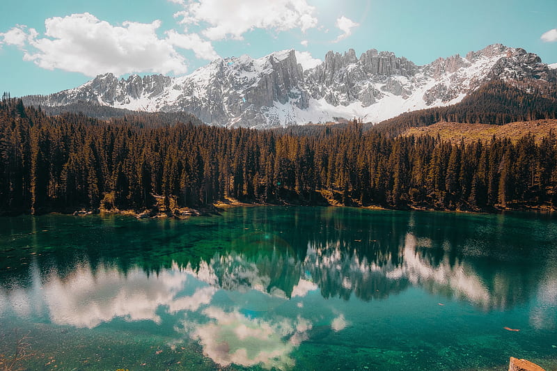 lake, mountains, reflection, trees, landscape, sky, HD wallpaper