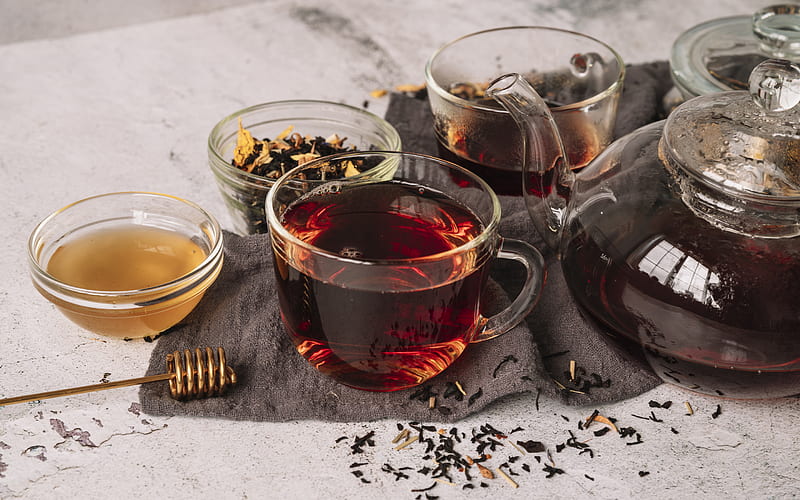 cup of tea with honey, black tea, cup of tea, tea concepts, tea leaves, HD wallpaper