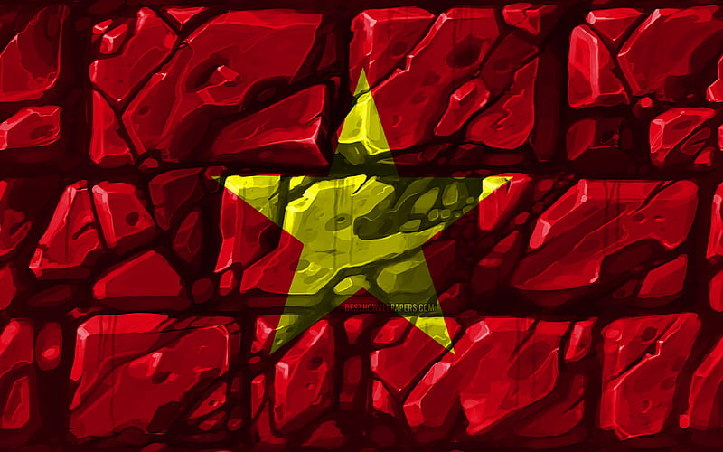 Vietnamese flag, brickwall Asian countries, national symbols, Flag of Vietnam, creative, Vietnam, Asia, Vietnam 3D flag, HD wallpaper