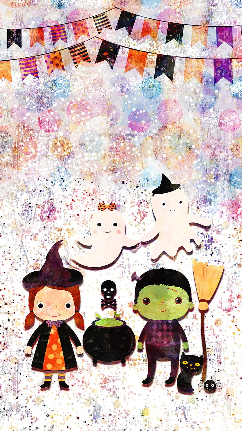 Halloween Cute Kids, Adoxali, animal, autumn, background, bat, broom, carved, cat, cauldron, celebration, characters, creepy, dark, fun, funny, ghost, hat, holiday, illustration, kawaii, kitty, night, owl, party, pattern, poison, pumpkin, scary, silhouette, skull, spider, spooky, sweet, HD phone wallpaper