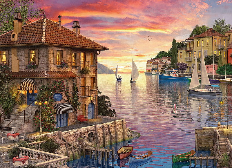 Mediterranean Harbor, mediterranean, cobblestone, homes, painting, walk, puzzle, lake, harbor, HD wallpaper