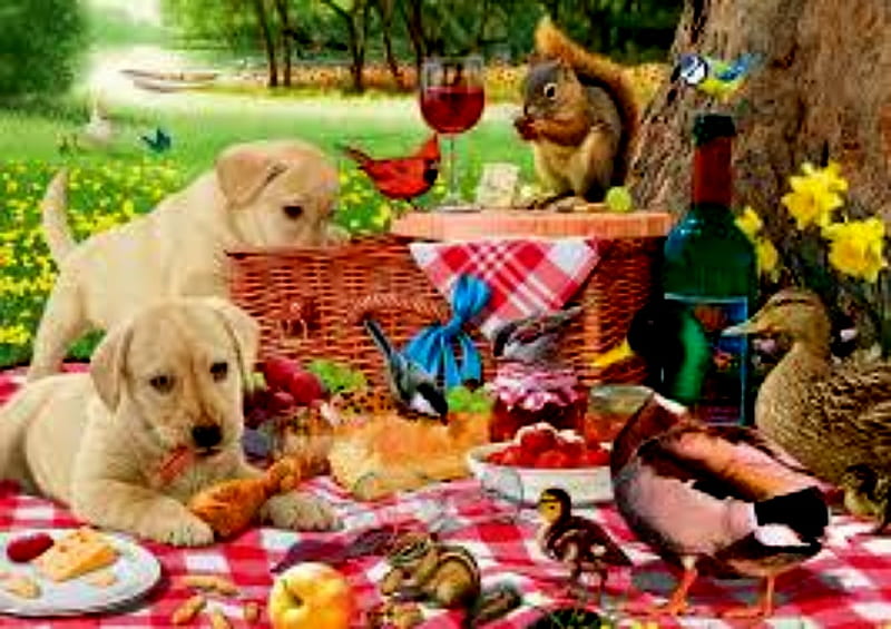 Animals At Picnic, Picnic, Basket, Food, Animals, HD wallpaper