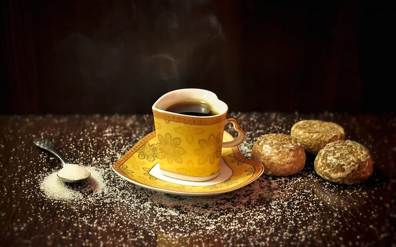 *Coffee Love*, spoon, circle, sweets, sugar, yellow, biscuits, tea, form, meals, coffee, gingerbread, heart, cup, cakes, HD wallpaper