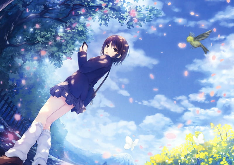 Anime Girl, Anime, School Girl, Sunshine, Looking Back, School Uniform, Trees, Seifuku, Cell Phone, Bird, HD wallpaper
