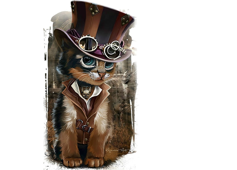 Steampunk kitten, art, lorri kajenna, steampunk, cat, hat, fantasy, kitten, white, pisica, HD wallpaper