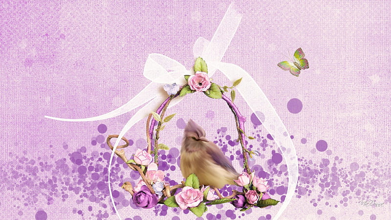 Bird on a Swing, Bokeh, rose, ribbon, spring, lavender, bow, butterfly, purple, bird, swing, summer, flowers, pink, HD wallpaper