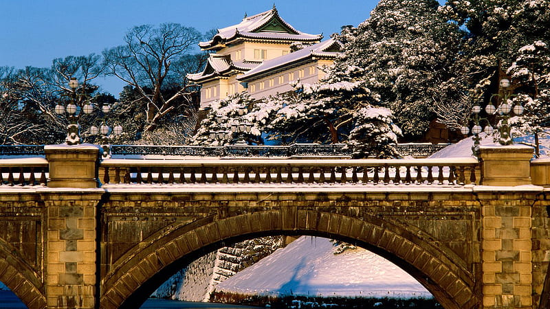 Snow Covered Japan Palace With Bridge Travel, HD wallpaper
