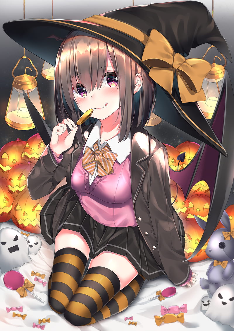 Download wallpaper 2560x1440 girl witch hat pumpkin halloween anime  widescreen 169 hd background