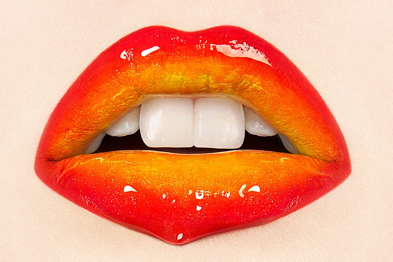 Glossy lips, red, glossy, orange, lips, make-up, HD wallpaper