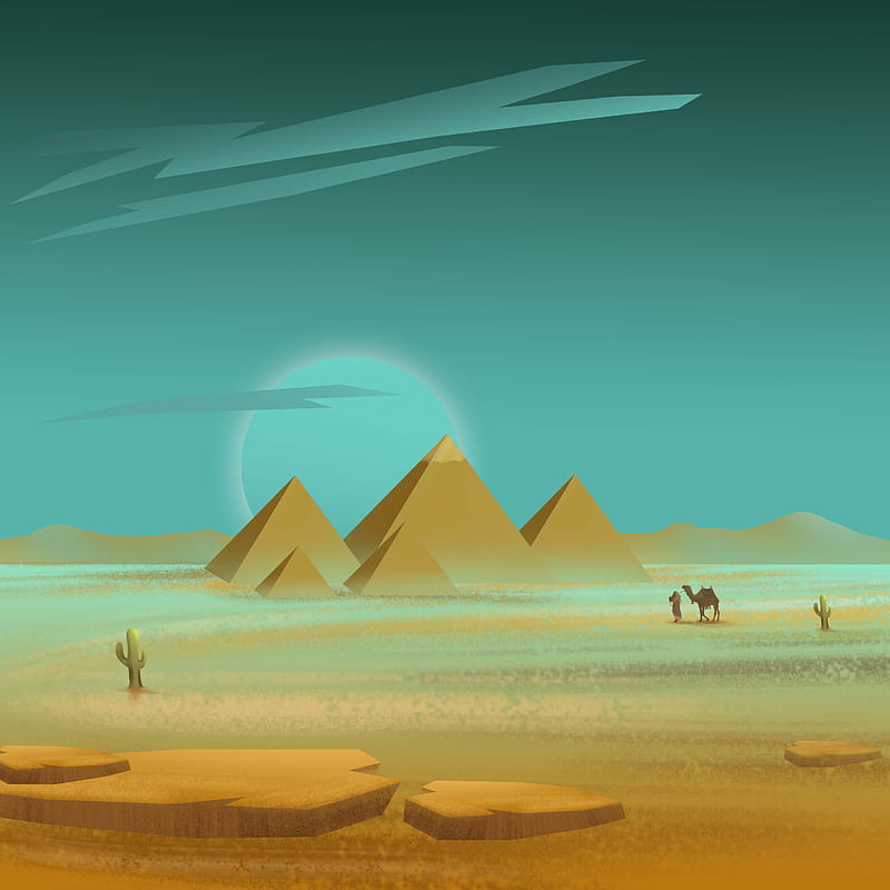 pyramids, desert, traveler, art, HD phone wallpaper