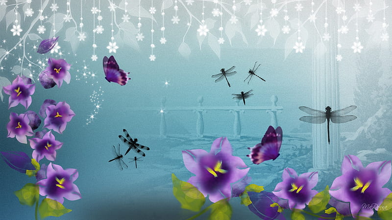 Purple Flowers Abstract, stars, dragonflies, dragonfly, summer, purple flowers, spring, blue, HD wallpaper