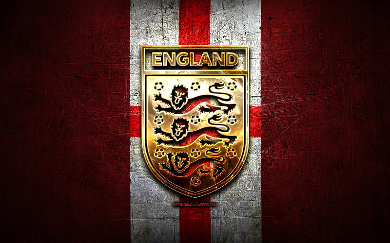 England National Football Team, golden logo, Europe, UEFA, red metal background, English football team, soccer, EFA logo, football, England, HD wallpaper