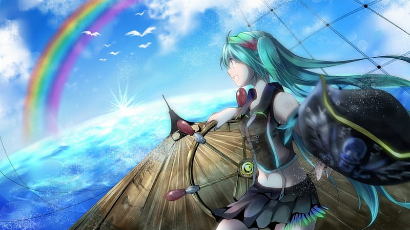 Pirate~Miku, hatsune miku, baot, rainbow, clouds, pointing, anime, light, vocaloid, on a baot, wind, pirate miku, birds, skirt, sky, hat, blue hair, windy, HD wallpaper