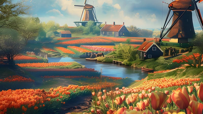 Spring village, Windmill, Flowers, Holland, Pond, Tulips, Fog, HD wallpaper