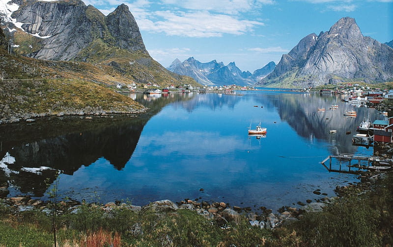 Stillness, boats, water, snow, mountains, clouds, Norway, blue, landscape, HD wallpaper
