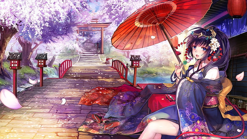 Japanese Girl, sakura, japanese, spring, kimono, cherry blossom, japan, girl, shrine, temple, parasol, orginal, dango, street, HD wallpaper