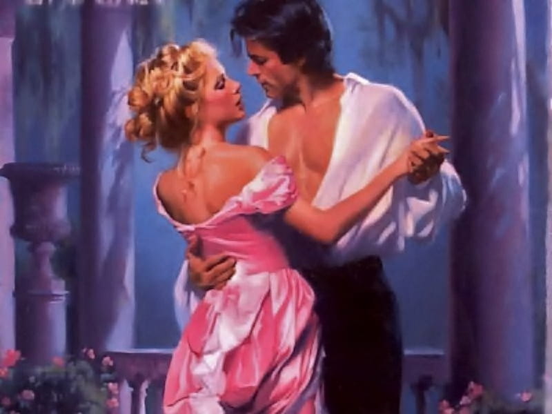 A waltz in time, romantic, romance, man, woman, lips, sexy, kiss, embrance, love, passion, white, pink dress, couple, HD wallpaper
