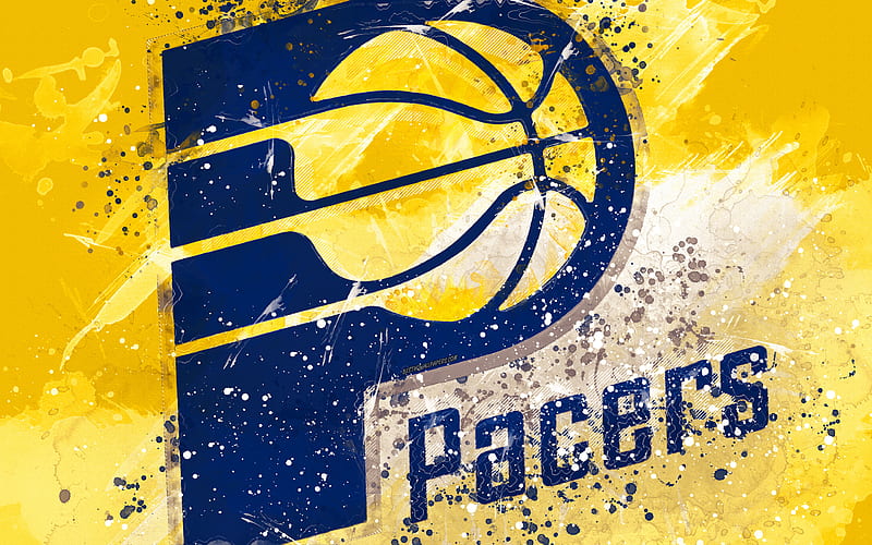 Indiana Pacers grunge art, logo, american basketball club, yellow grunge background, paint splashes, NBA, emblem, Indiana, USA, basketball, Eastern Conference, National Basketball Association, HD wallpaper