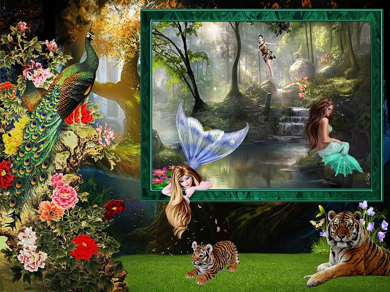 The Curious Mermaid, Green, Flowers, Tree, Tigers, Make Believe, Colorful, Tiger Cub, Nature, Enchnated, Fairy, Peacock, Frame, Outdoors, Collage, Abstract Digital, Pond, Mermaid, Curious Mermaid, Curious, Fantasy, Water, Fanasty Forest, Manipulation, Animals, HD wallpaper