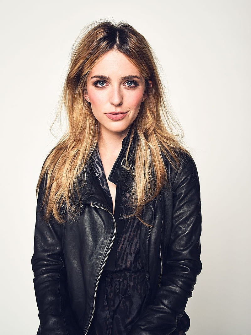 Jessica Rothe, women, actress, blue eyes, long hair, simple background, black jackets, HD phone wallpaper