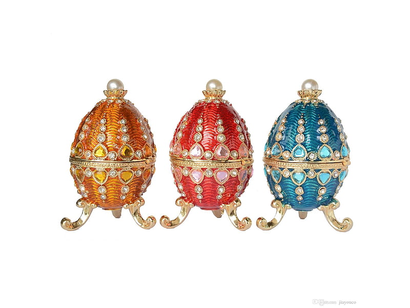 Happy Easter!, red, yellow, easter, card, egg, trio, faberge, white, blue, HD wallpaper