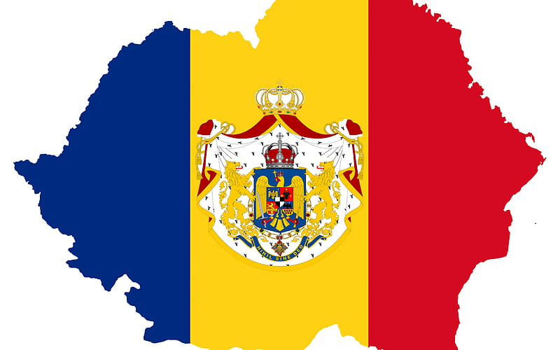 Flag of Romania, state borders, coat of arms, Romanian flag, creative art, Romania, national symbols, HD wallpaper