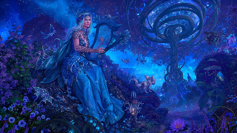 Fantasy, Women, Blue Dress, Girl, Harp, Woman, HD wallpaper