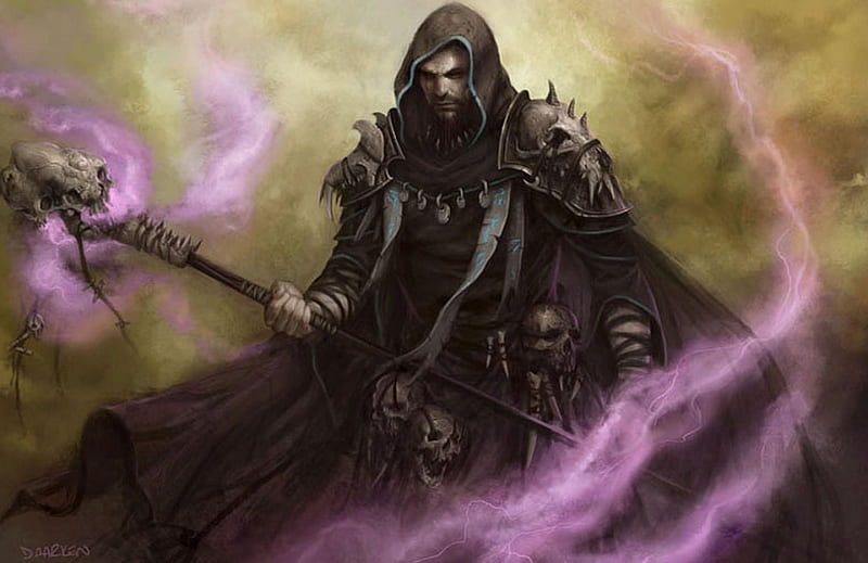 Dark Wizard, staff, skulls, fantasy, magic, smoke, HD wallpaper