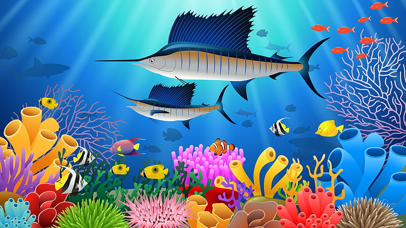 Sword Fish Sea, colorful, fish, ocean, sword fish, sea, sea plants, water, Firefox Persona theme, light, HD wallpaper
