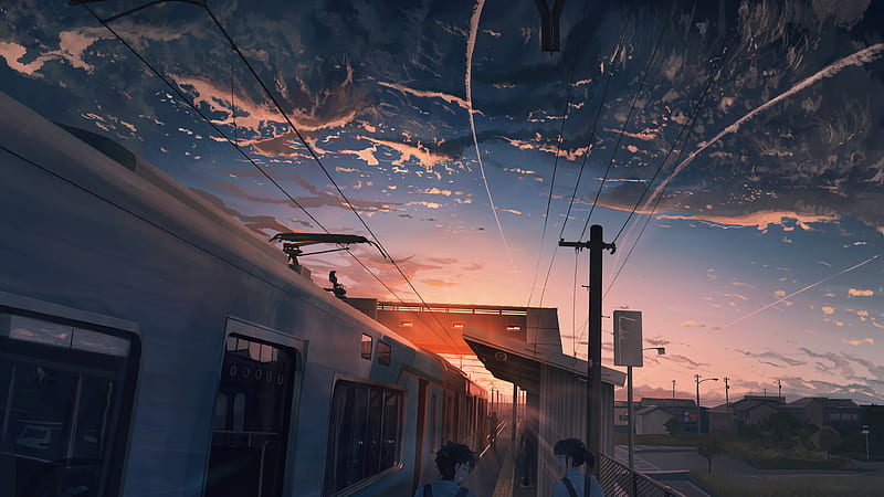 anime landscape, sunset, train, clouds, scenic, fence, Anime, HD wallpaper
