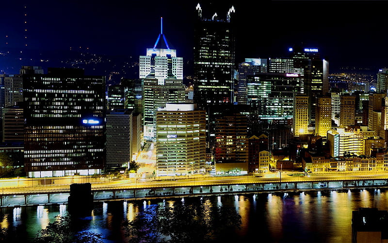 Pittsburgh, nightscapes, embankment, buildings, USA, America, HD wallpaper
