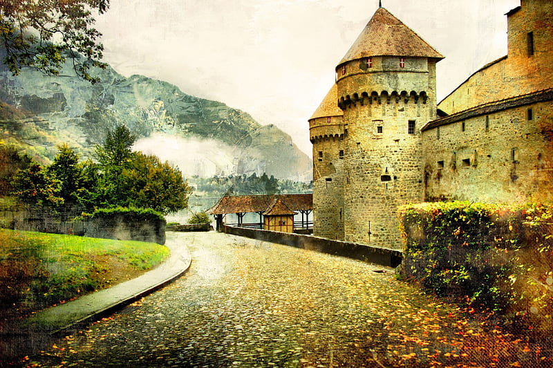 Old Castle, autumn, leaves, painting, path, artwork, landscape, HD wallpaper