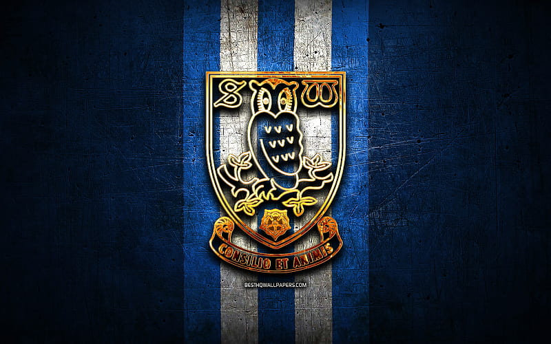 Sheffield Wednesday FC, golden logo, EFL Championship, blue metal background, football, Sheffield Wednesday, english football club, Sheffield Wednesday logo, soccer, England, HD wallpaper
