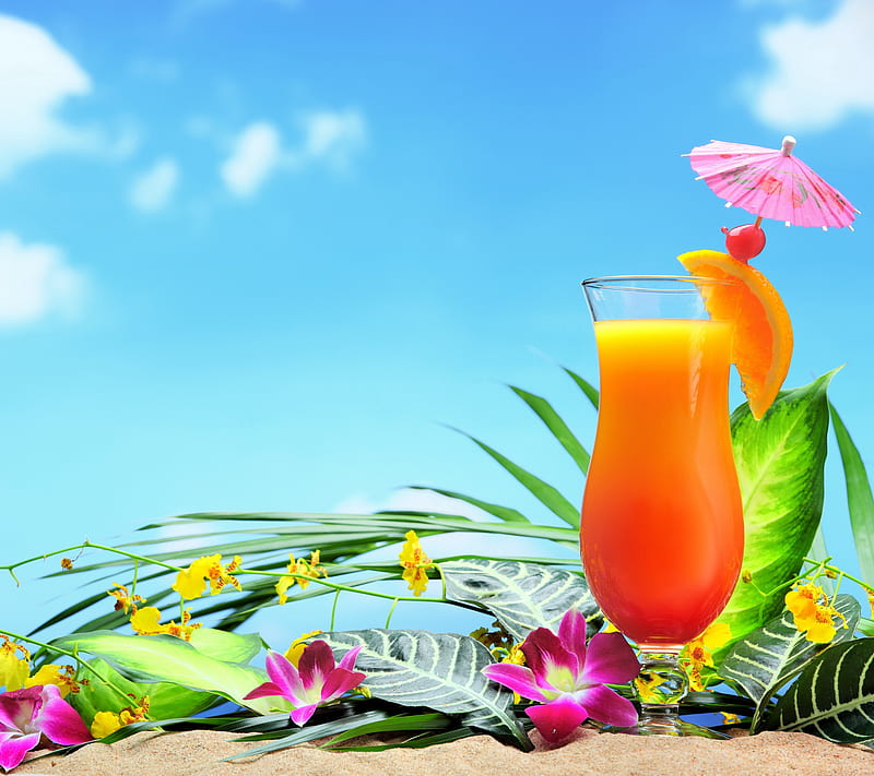 Tropical Drink, beach, flowers, fresh, juice, summer, HD wallpaper