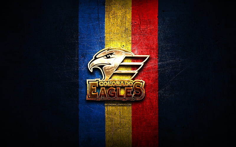 Colorado Eagles, golden logo, AHL, blue metal background, american hockey team, American Hockey League, Colorado Eagles logo, hockey, USA, HD wallpaper