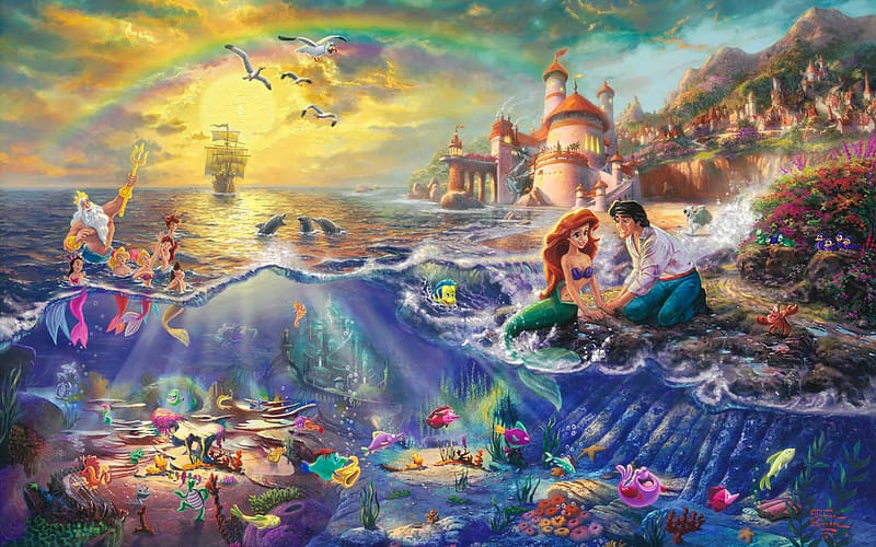 Sky, Sea, Rainbow, Ocean, Seagull, Dolphin, Fish, Mermaid, Movie, Castle, Black Hair, Red Hair, The Little Mermaid, Ariel (The Little Mermaid), Merman, Atlantica, The Little Mermaid (1989), Ursula (The Little Mermaid), Flounder (The Little Mermaid), Sebastian (The Little Mermaid), Scuttle (The Little Mermaid), Prince Eric, Attina (The Little Mermaid), Adella (The Little Mermaid), Alana (The Little Mermaid), Andrina (The Little Mermaid), Aquata (The Little Mermaid), Arista (The Little Mermaid), King Triton, Max (The Little Mermaid), HD wallpaper