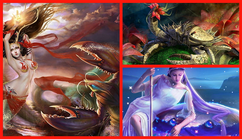 Zodiac ~ Cancer, red, cancer, zodiac, sexy, crab, fantasy, water, girl, flower, blue, HD wallpaper