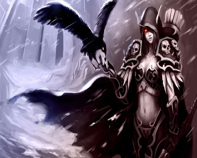 Dark Elf And Crow, female, snow, dark elf, crow, crossbow, arrows, HD wallpaper
