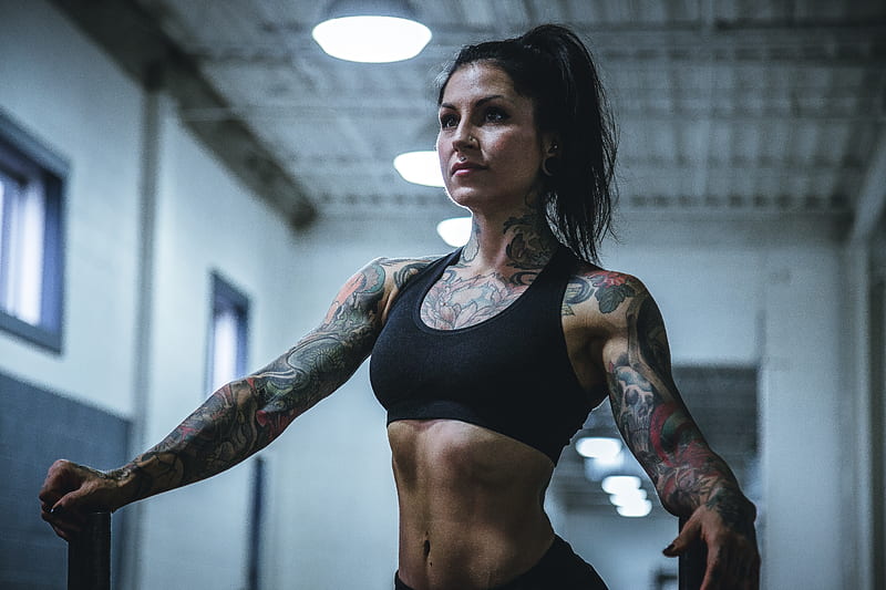 woman wearing black sports bra with tattoos, HD wallpaper