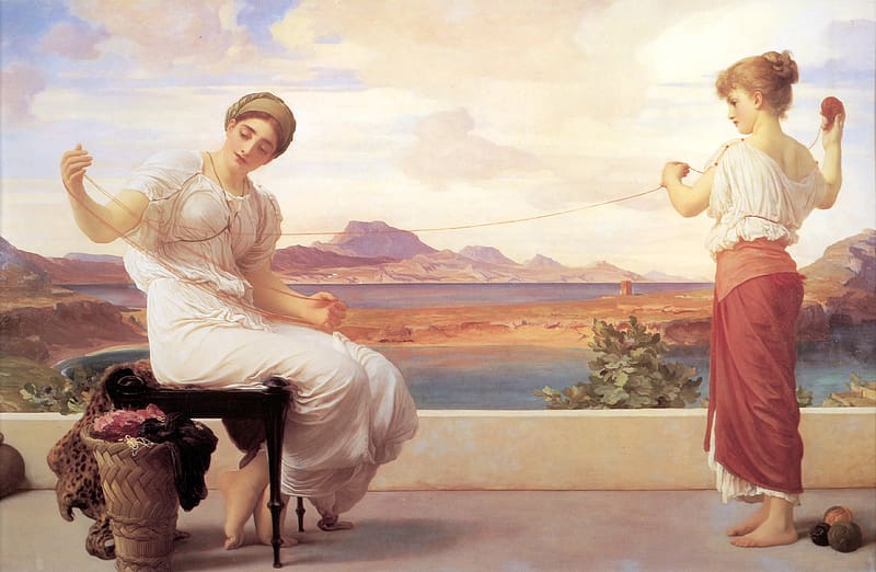 Winding the skein, art, frederic leighton, woman, painting, pictura, girl, HD wallpaper