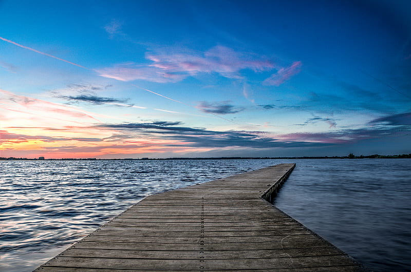 pier, horizon, sunset, water, wooden, HD wallpaper