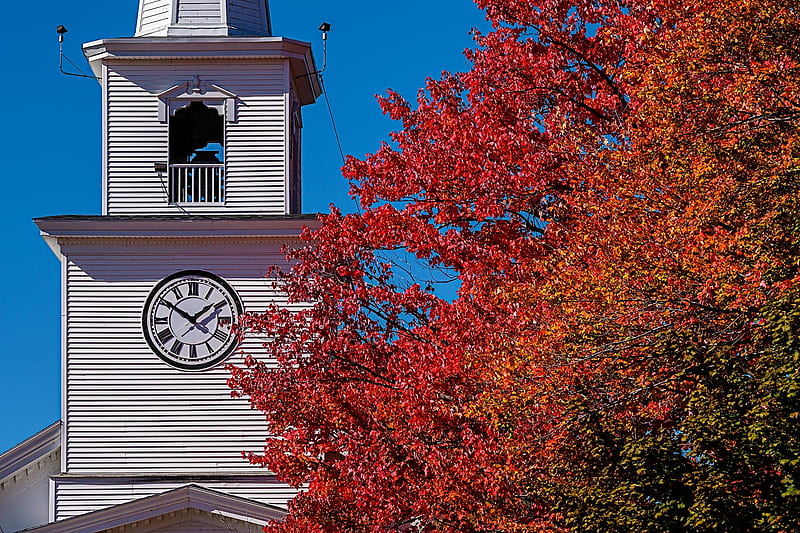 New England Autumn, colors, fall, leaves, tree, church, HD wallpaper